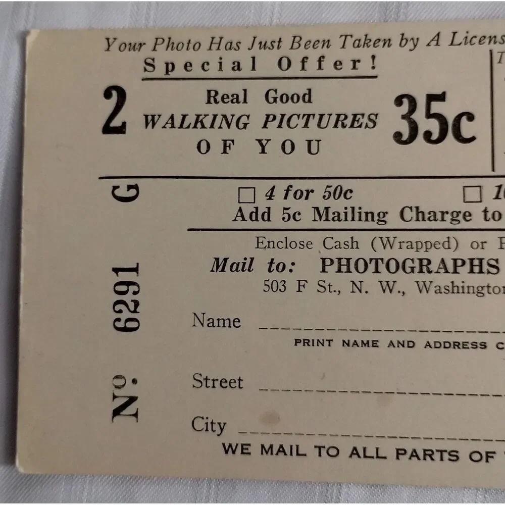 Vintage Walking Pictures Photography Receipt Photos of Merit Washington DC 6291